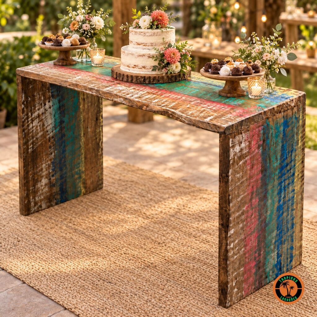 Balcão de Demolição como mesa de bolo e doces numa festa rústica no jardim