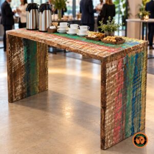Balcão de Demolição como estação de café num evento corporativo, com garrafas térmicas, xícaras e biscoitos