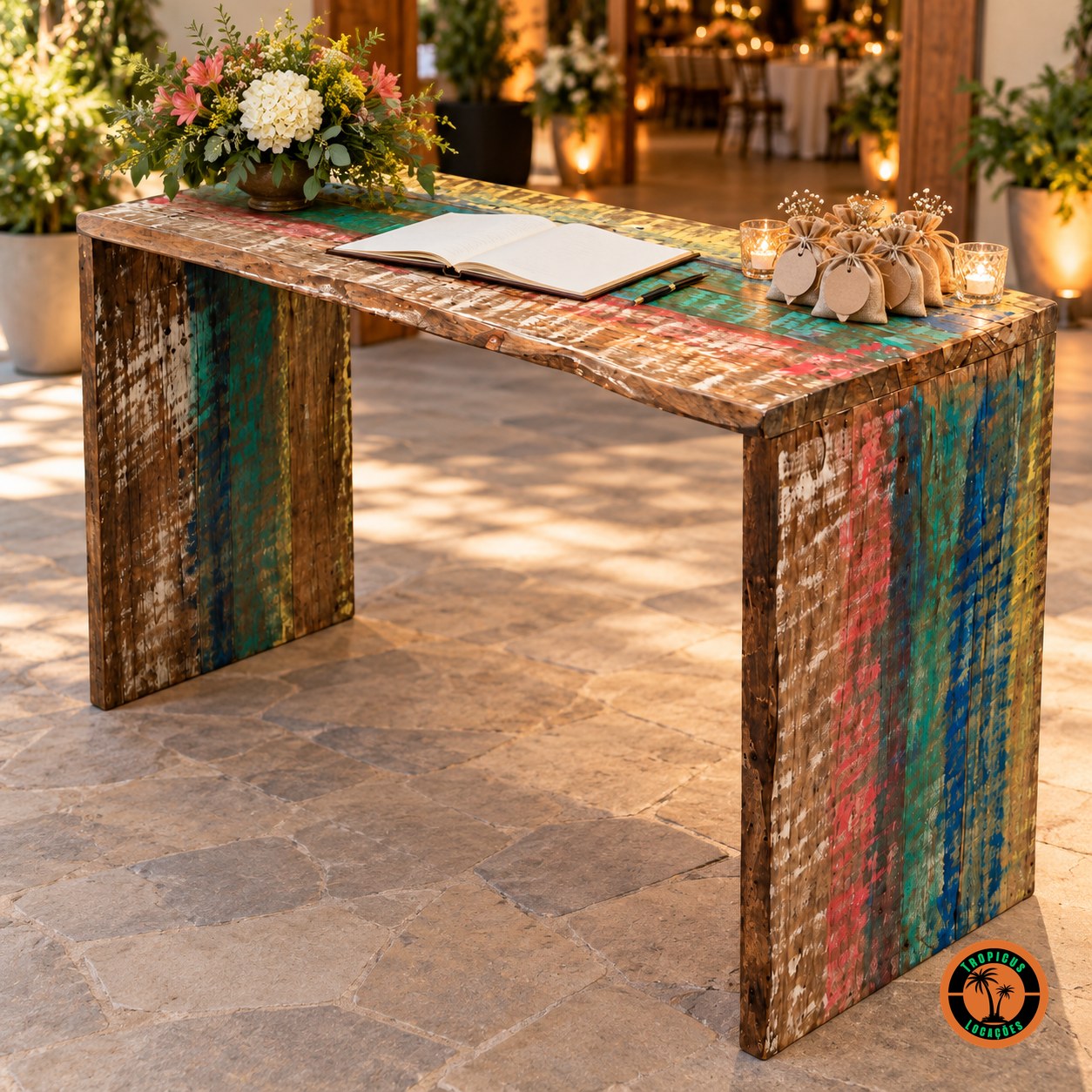 Balcão de Demolição na recepção de um casamento, com livro de assinaturas, flores e lembrancinhas