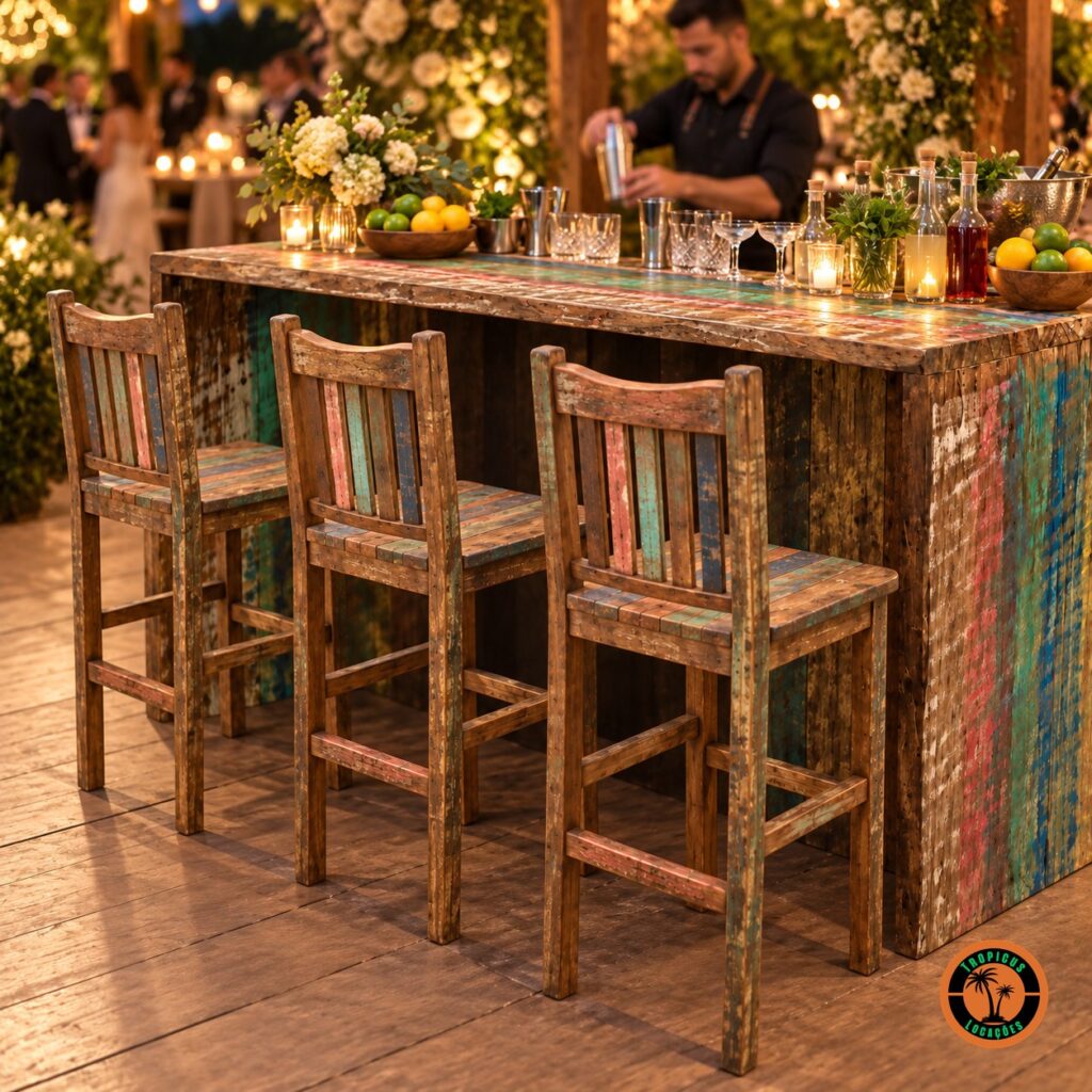 Três Banquetas Altas de Demolição alinhadas na frente do Balcão de Demolição num bar de casamento