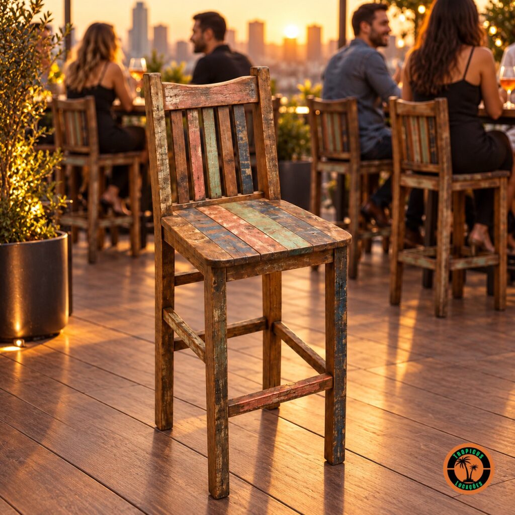 Banqueta Alta de Demolição num terraço ao entardecer, com convidados sentados em outras banquetas ao fundo