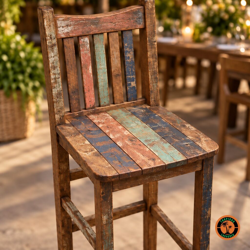 Detalhe da Banqueta Alta de Demolição, com as ripas coloridas e gastas do encosto e do assento