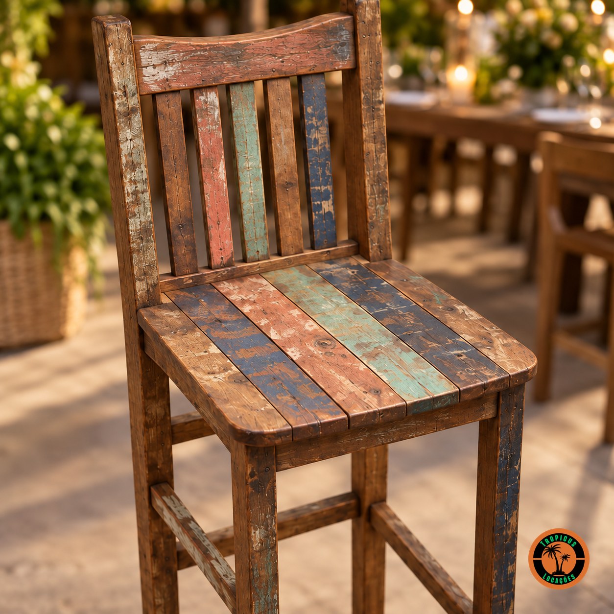 Detalhe da Banqueta Alta de Demolição, com as ripas coloridas e gastas do encosto e do assento