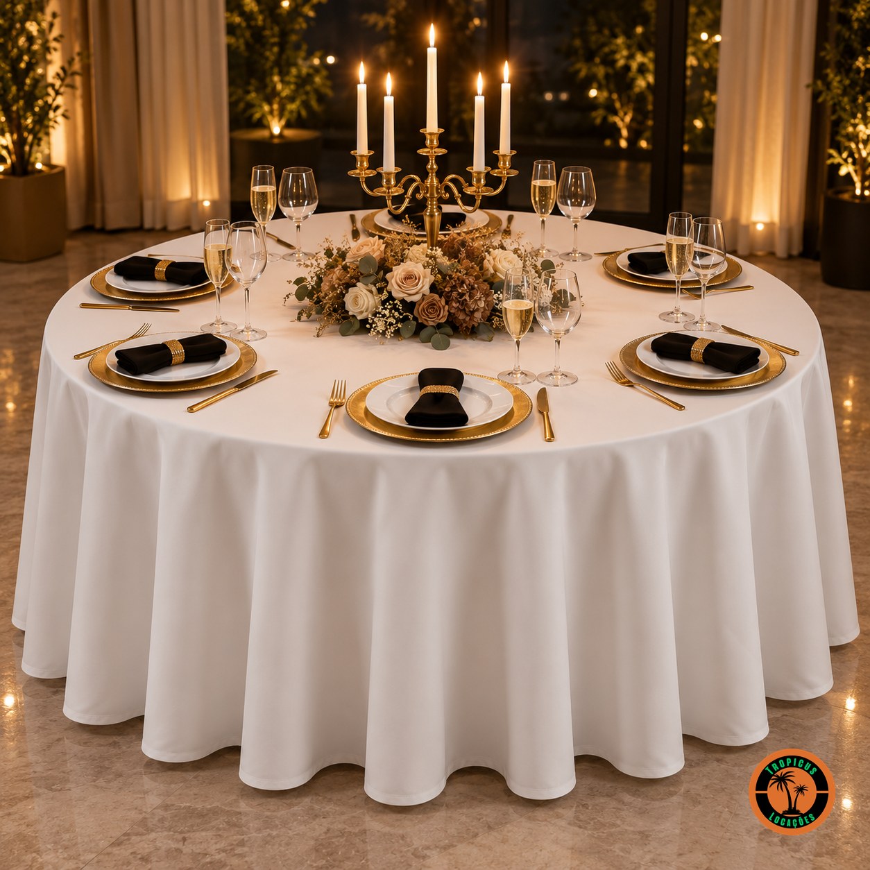Mesa redonda com toalha lisa branca, candelabro dourado com velas e guardanapos pretos