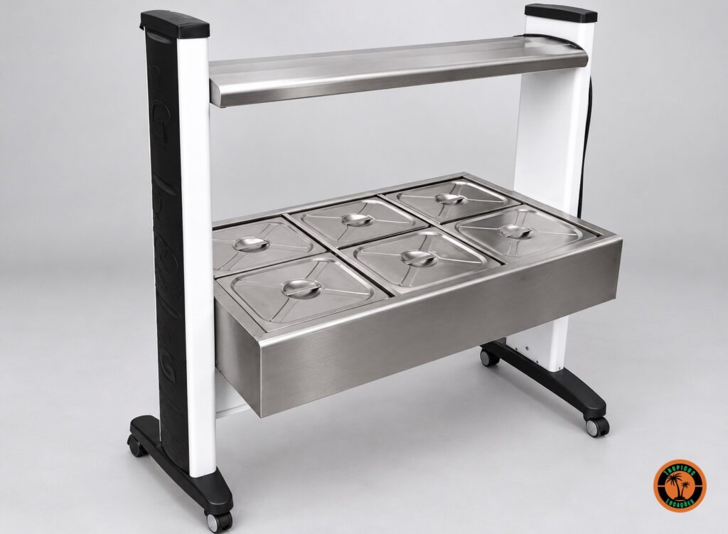 Buffet elétrico 220V com 6 cubas de inox com tampa, visto de frente