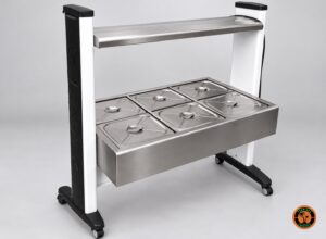 Buffet elétrico 220V com 6 cubas de inox com tampa, visto de frente