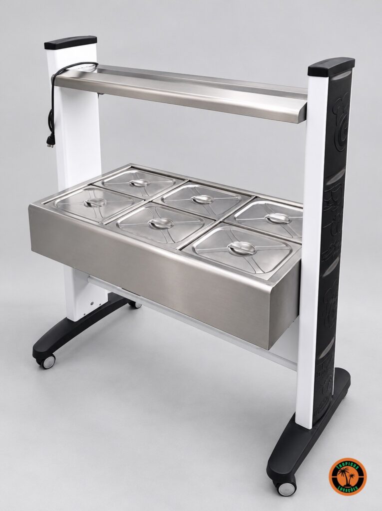 Buffet elétrico 220V com 6 cubas de inox, visto de lado, com rodízios e barra superior
