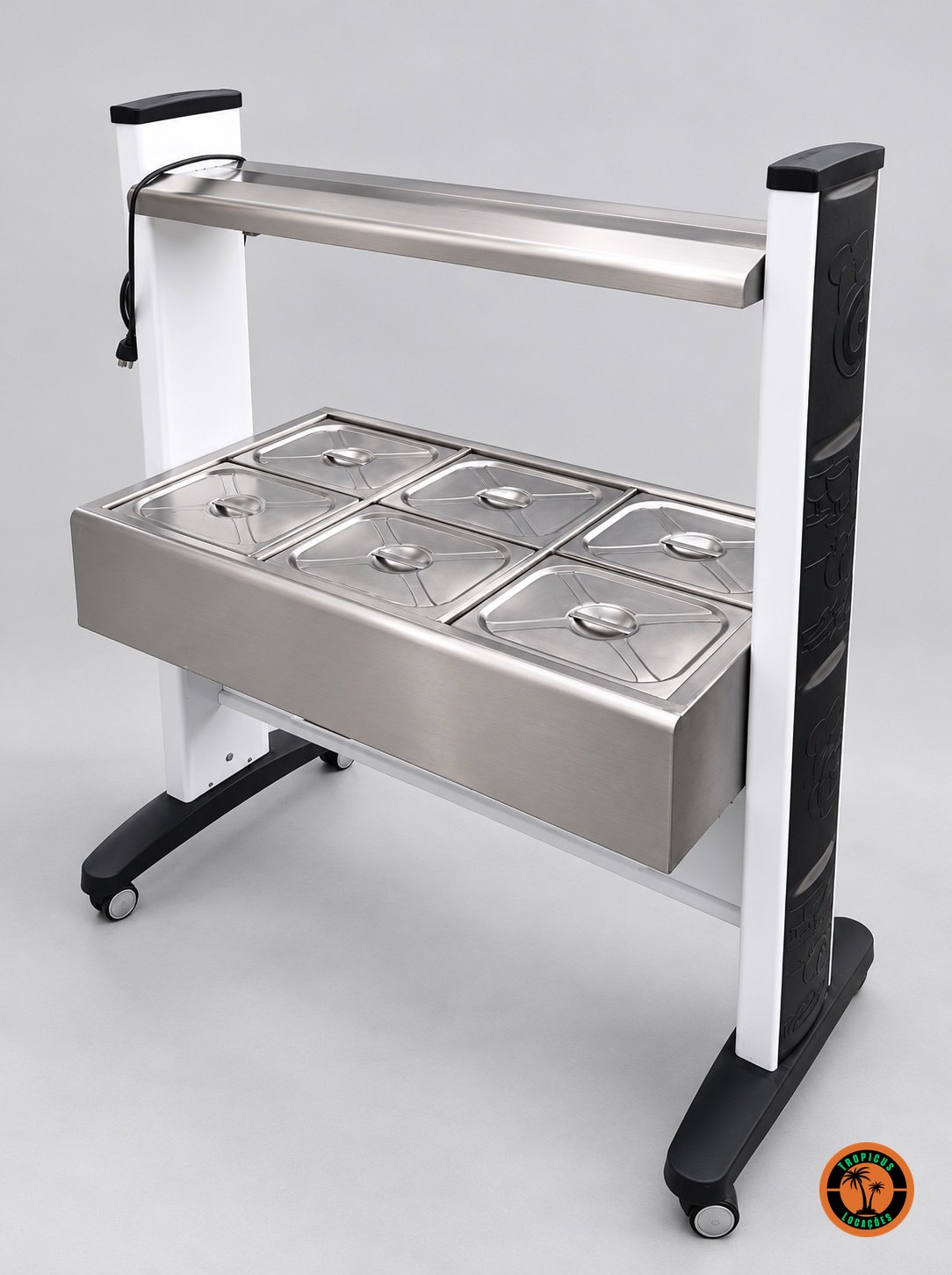 Buffet elétrico 220V com 6 cubas de inox, visto de lado, com rodízios e barra superior