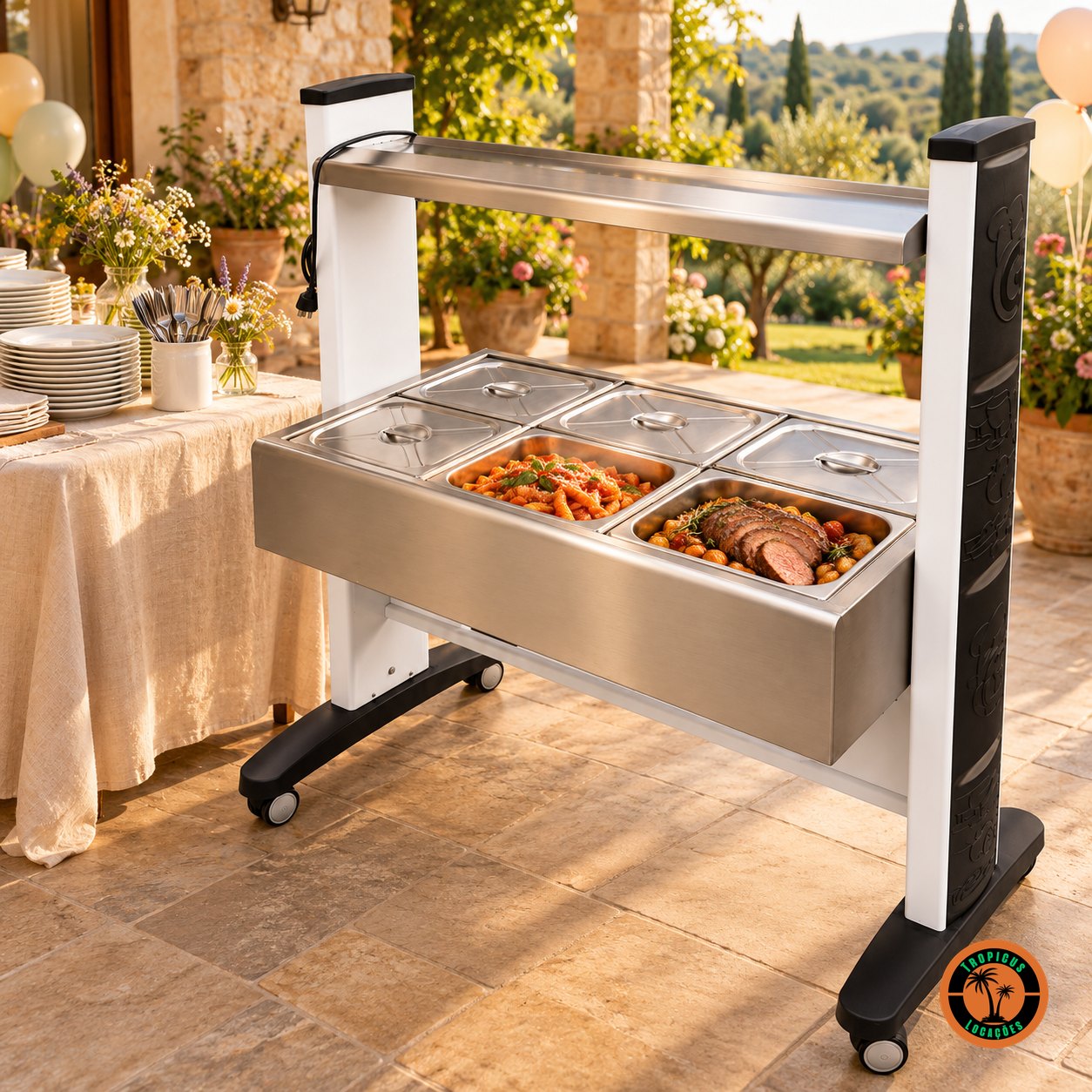 Buffet elétrico 220V com massa e carne assada em varanda de chácara, com mesa de toalha bege, flores do campo e balões