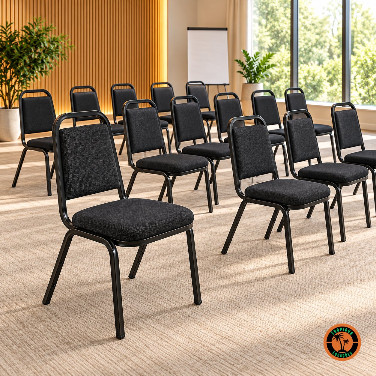 Cadeiras convenção pretas numa sala de treinamento clara, com flip chart e plantas