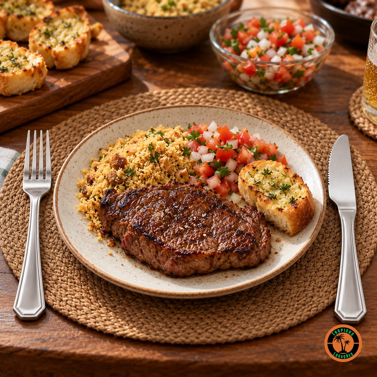 Almoço de domingo com bife grelhado, farofa e vinagrete e o garfo e a faca de churrasco de cabo oitavado