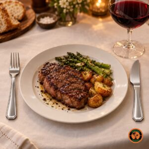 Jantar com bife grelhado, aspargos e batatas e o garfo e a faca de churrasco de cabo oitavado