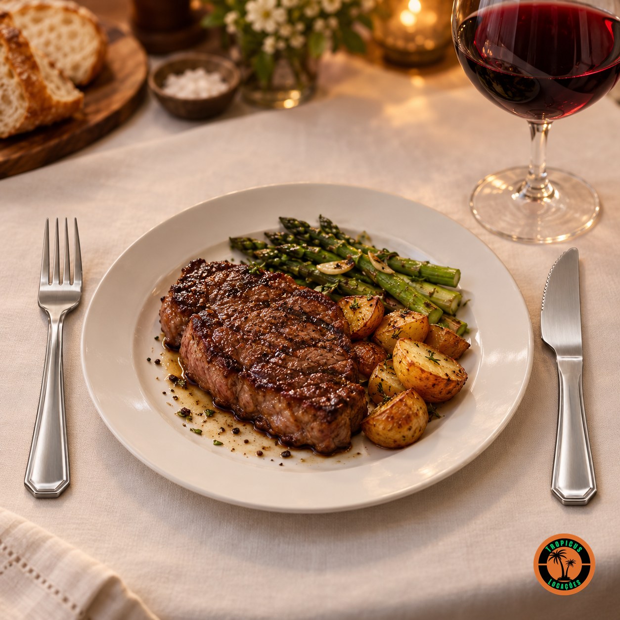 Jantar com bife grelhado, aspargos e batatas e o garfo e a faca de churrasco de cabo oitavado