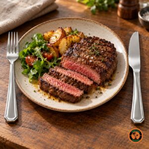 Bife fatiado com batatas e salada entre o garfo e a faca de churrasco de cabo oitavado
