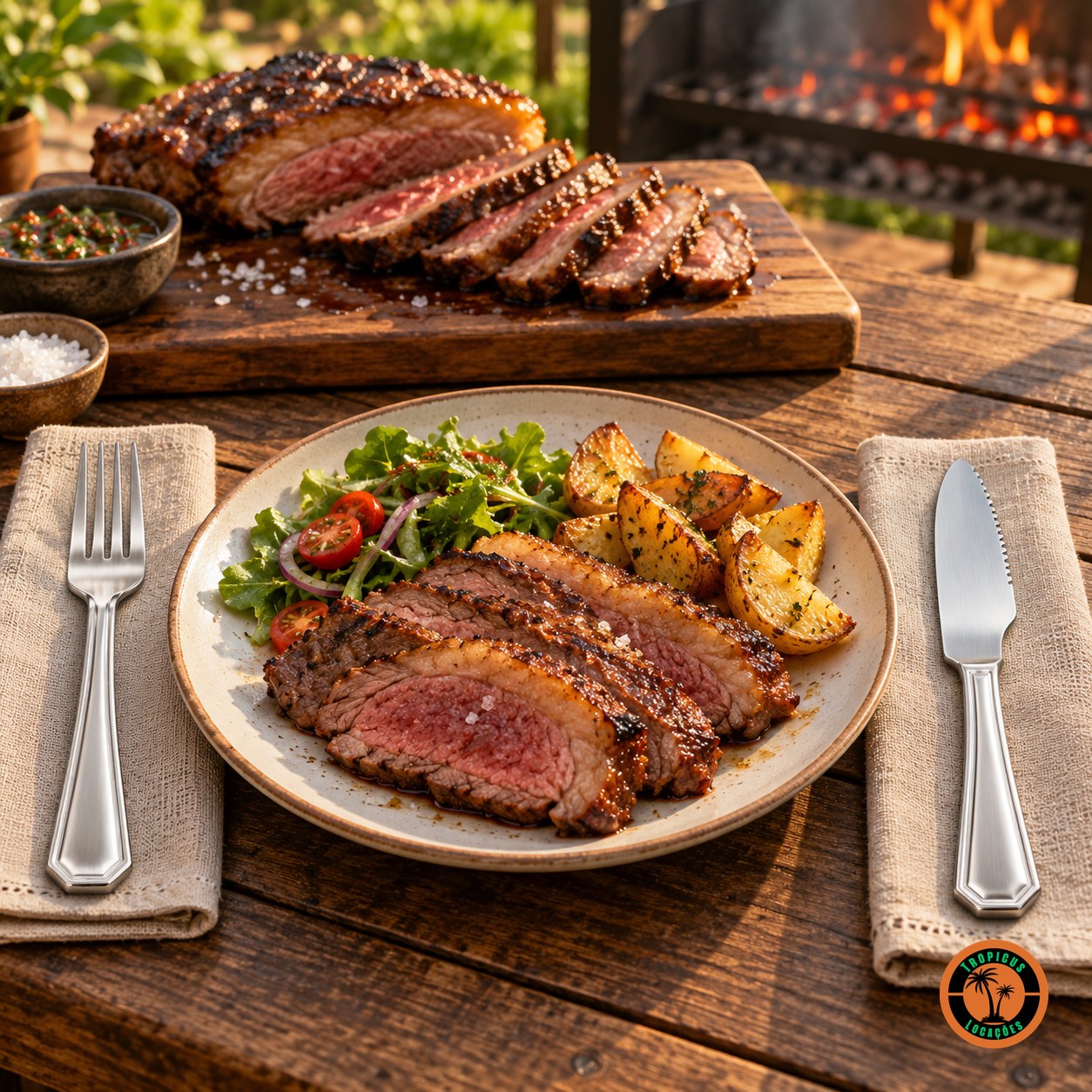 Churrasco ao ar livre com picanha fatiada e o garfo e a faca de churrasco de cabo oitavado sobre guardanapos de linho