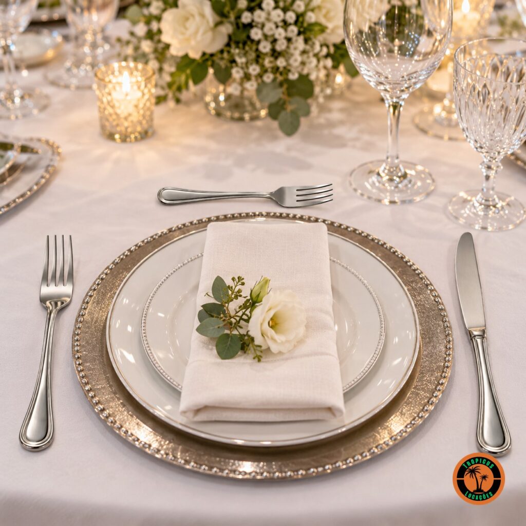 Mesa de casamento com talheres de inox modelo Clássico e sousplat prateado