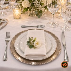 Mesa de casamento com talheres de inox modelo Clássico e sousplat prateado