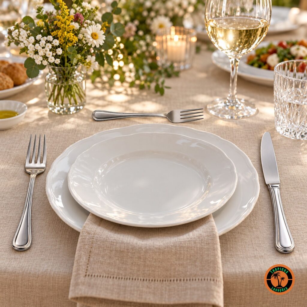 Almoço de aniversário com talheres de inox modelo Clássico e flores do campo