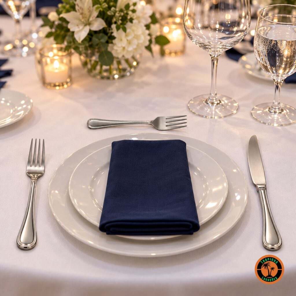 Jantar corporativo com talheres de inox modelo Clássico e guardanapo azul-marinho