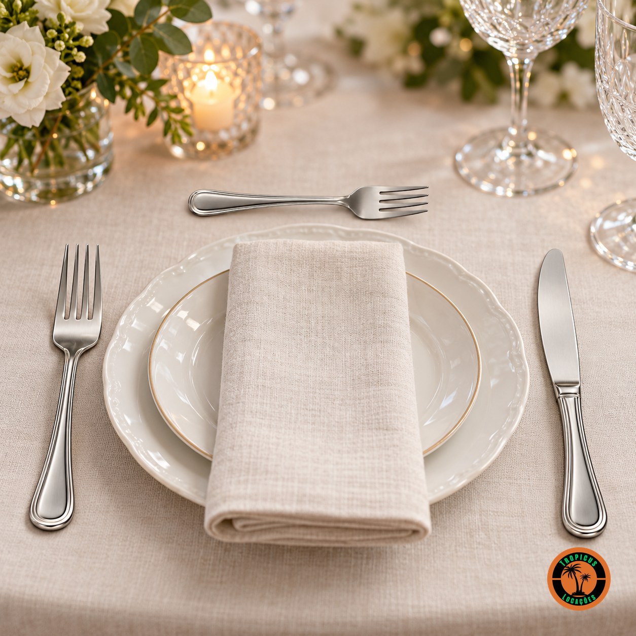 Mesa posta com garfo, faca e garfo de sobremesa de inox modelo Clássico