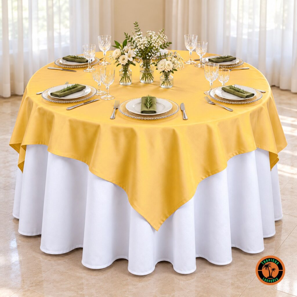 Mesa redonda com cobre-mancha amarelo-ouro sobre toalha branca, sousplats de vidro e flores brancas
