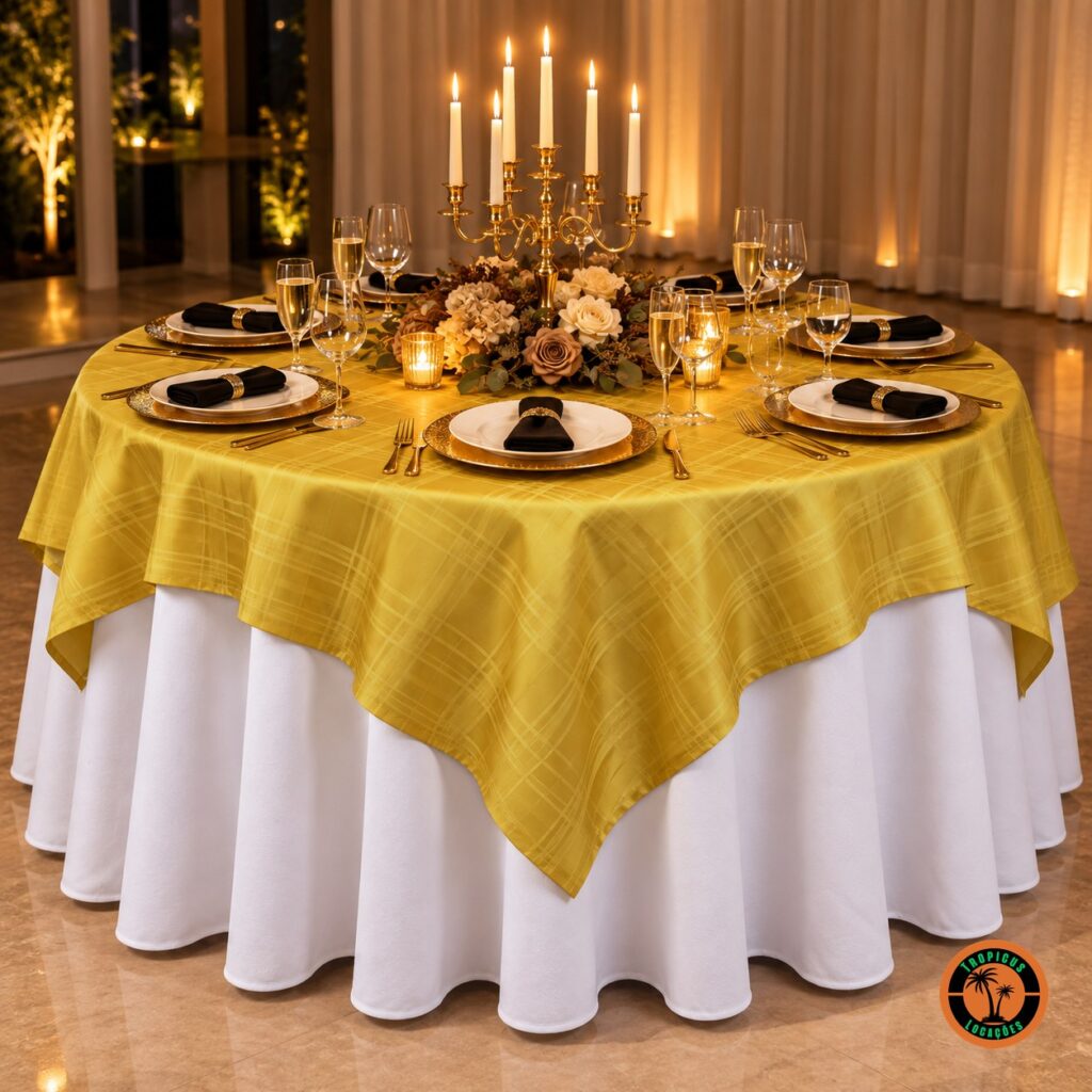 Mesa redonda com cobre-mancha dourado xadrez sobre toalha branca, candelabro dourado com velas