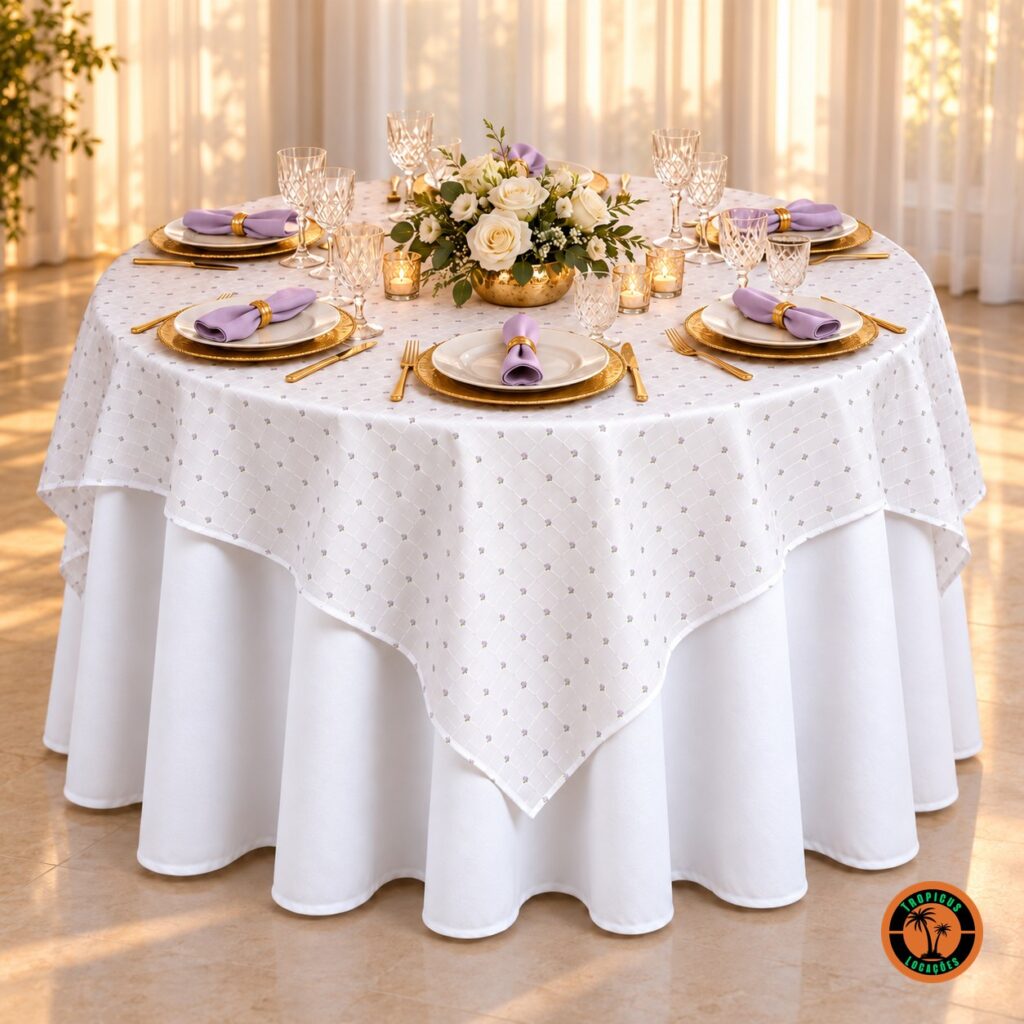 Mesa redonda com cobre-mancha branco de florzinhas lilás, sousplats dourados e guardanapos lilás