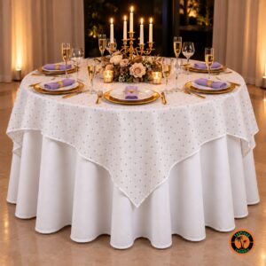 Mesa redonda com cobre-mancha branco de florzinhas lilás, candelabro com velas e guardanapos lilás