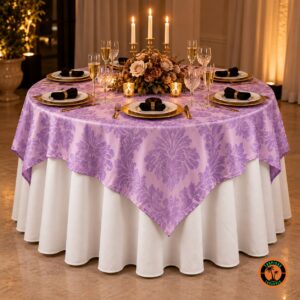 Mesa redonda com cobre-mancha lilás adamascado sobre toalha branca, candelabro com velas