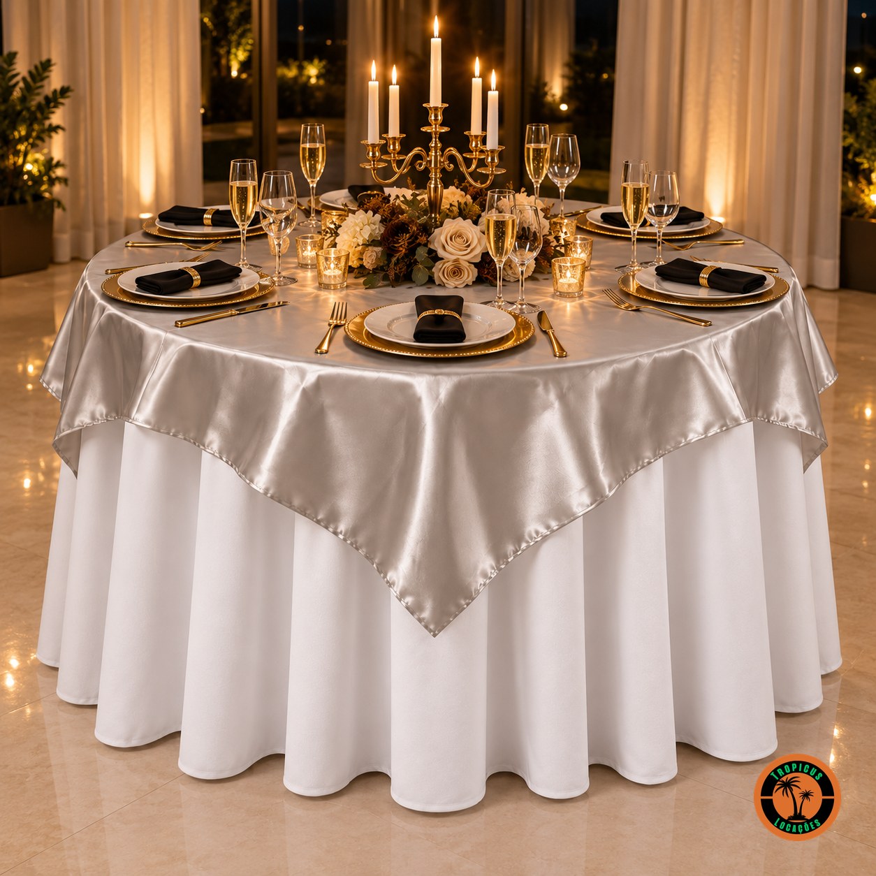 Mesa redonda com cobre-mancha prata sobre toalha branca, candelabro com velas e guardanapos pretos
