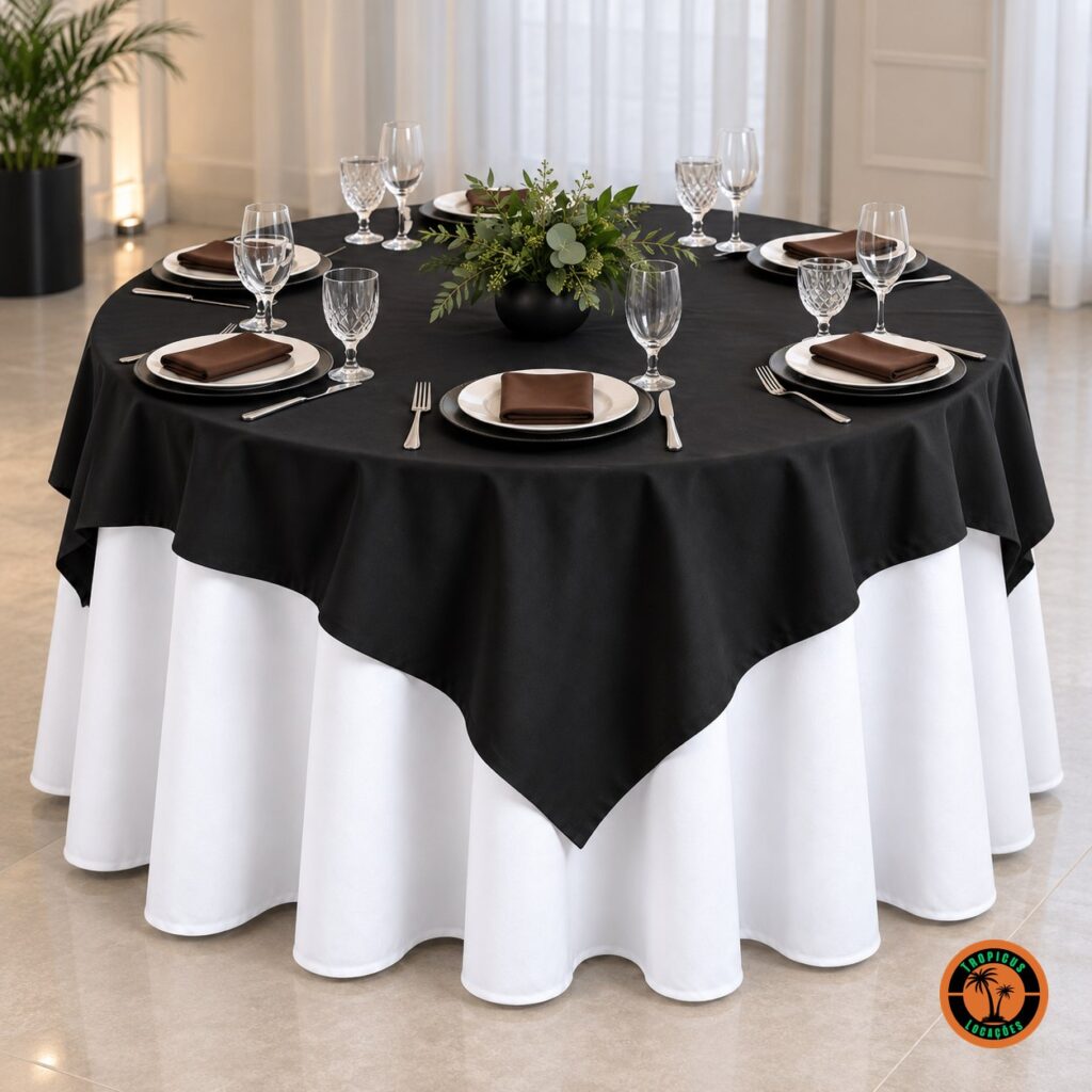 Mesa redonda com cobre-mancha preto sobre toalha branca, guardanapos marrons e folhagens