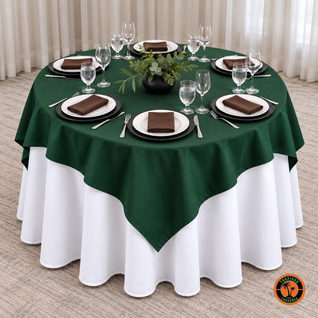 Mesa redonda com cobre-mancha verde-escuro sobre toalha branca, sousplats pretos e guardanapos marrons