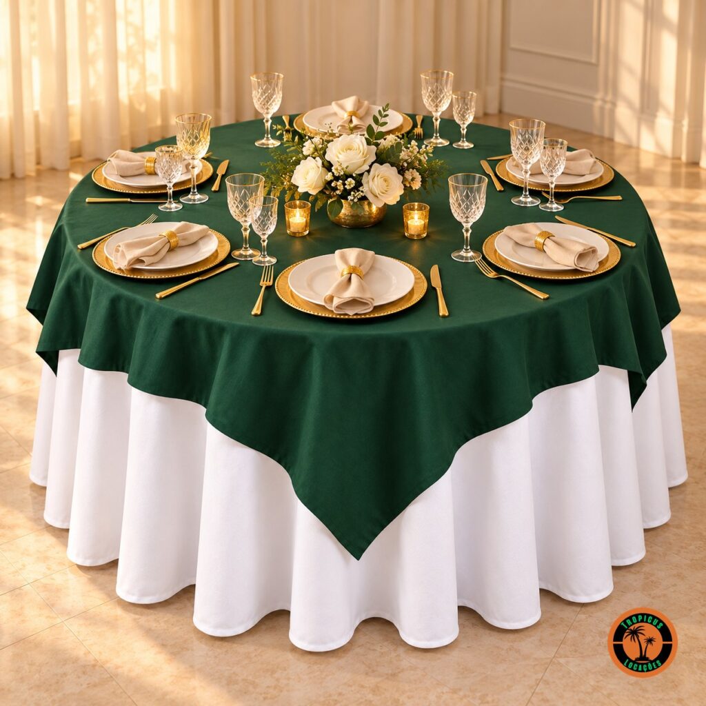 Mesa redonda com cobre-mancha verde-escuro sobre toalha branca, sousplats dourados e rosas brancas