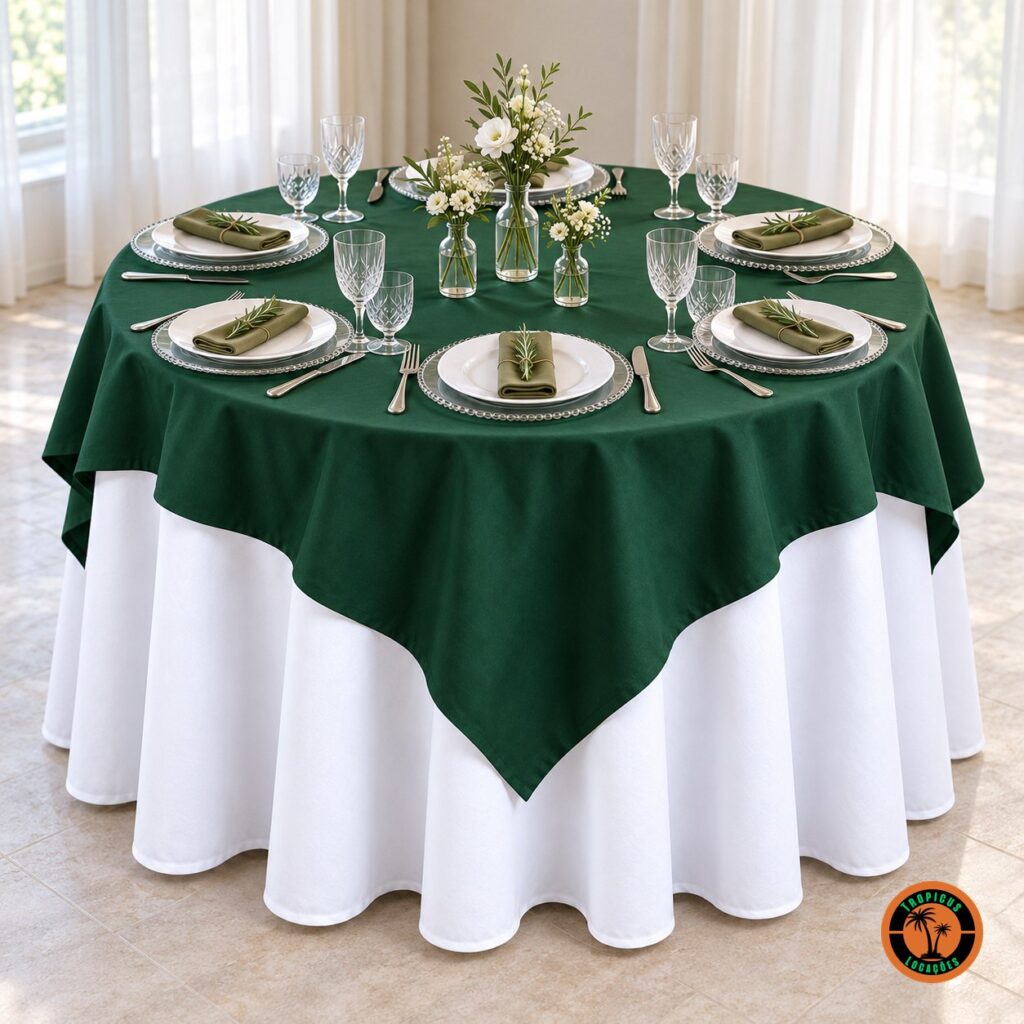 Mesa redonda com cobre-mancha verde-escuro sobre toalha branca, sousplats de vidro e flores brancas