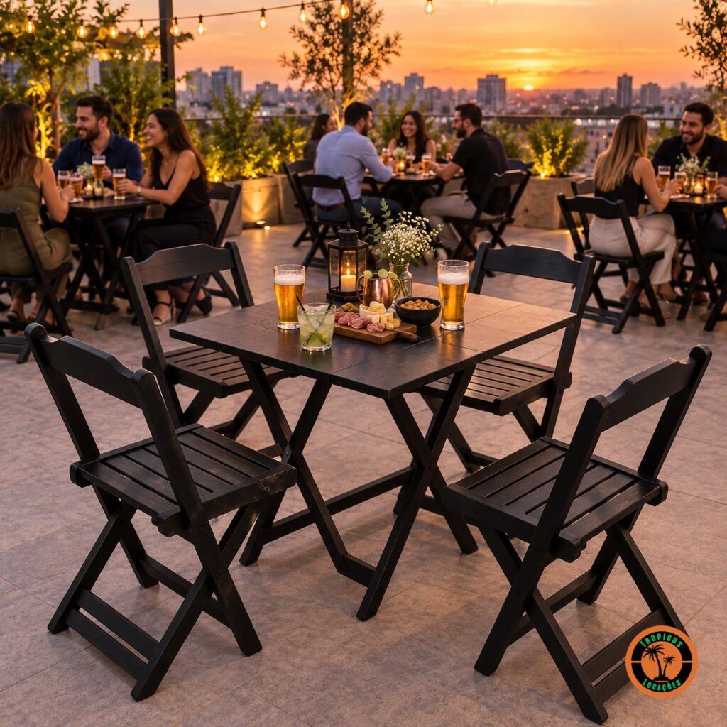 Conjuntos de mesa e cadeiras de madeira pretas num happy hour no terraço ao entardecer
