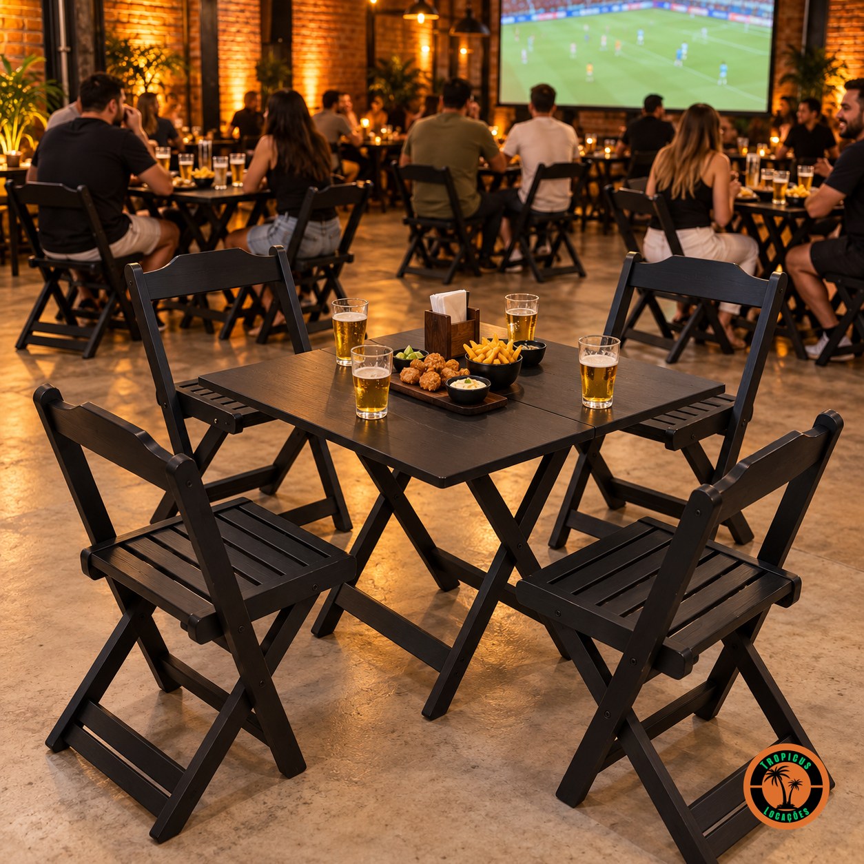 Conjuntos de mesa e cadeiras de madeira pretas num salão industrial com telão, numa festa de pub