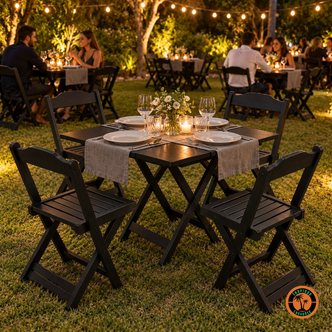 Conjuntos de mesa e cadeiras de madeira pretas postos para jantar num jardim à noite