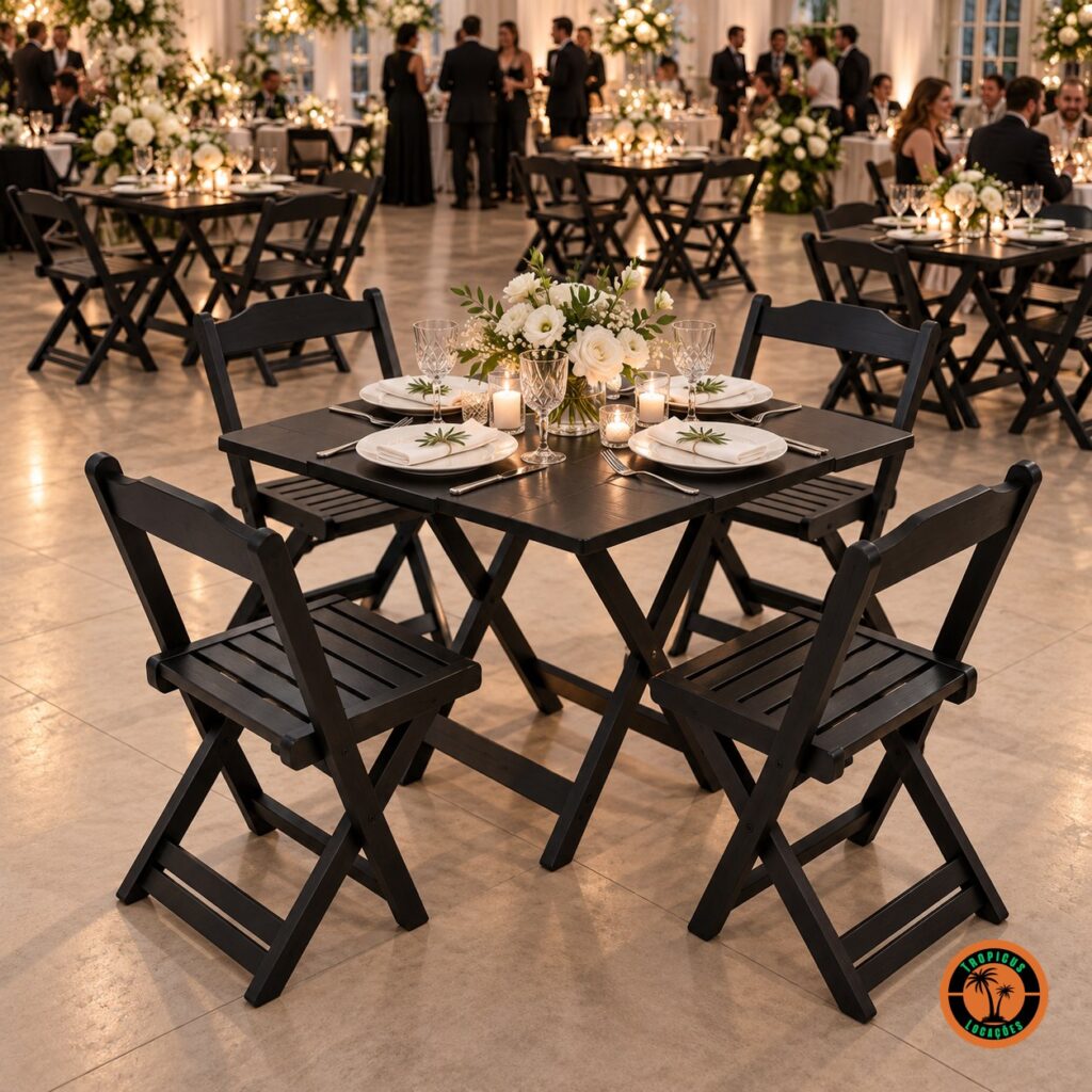 Conjuntos de mesa e cadeiras de madeira pretas numa recepção de casamento elegante com flores brancas