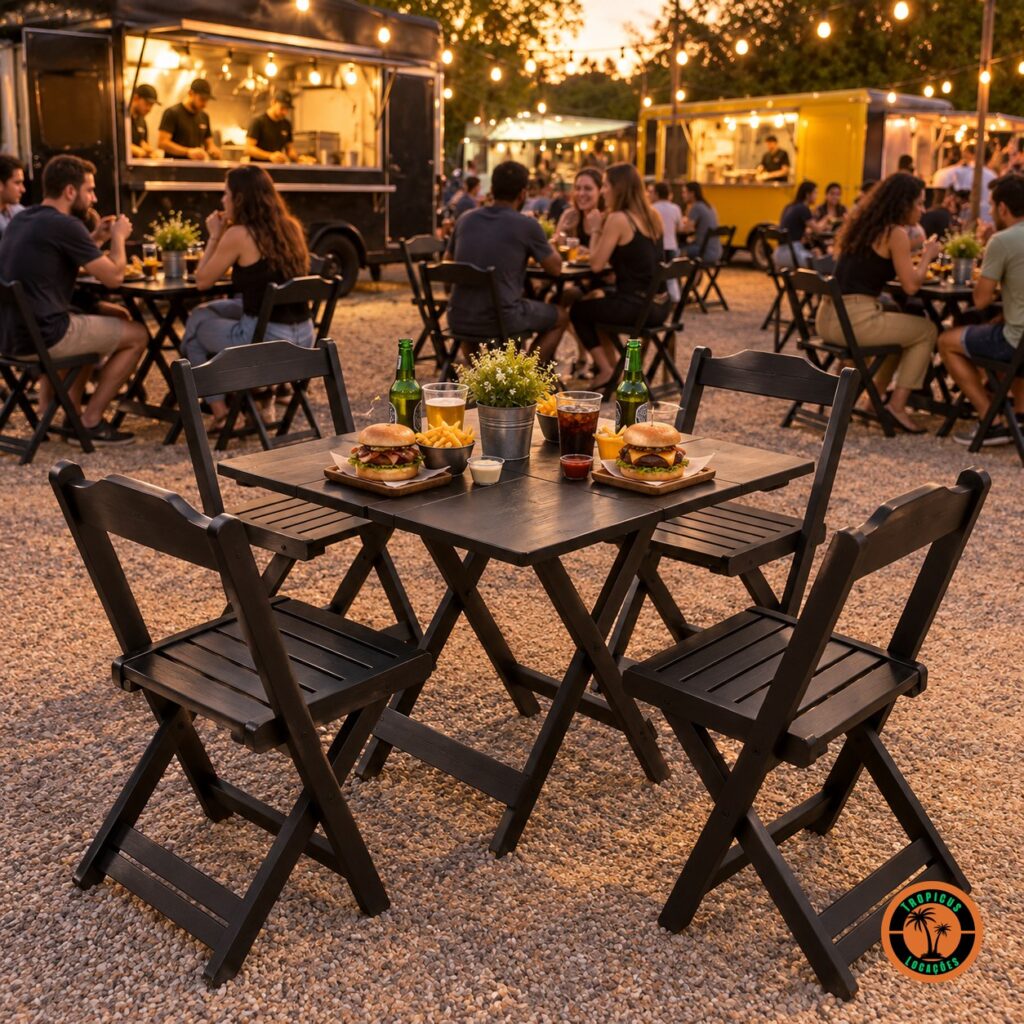 Conjuntos de mesa e cadeiras de madeira pretas numa feira de food trucks ao entardecer