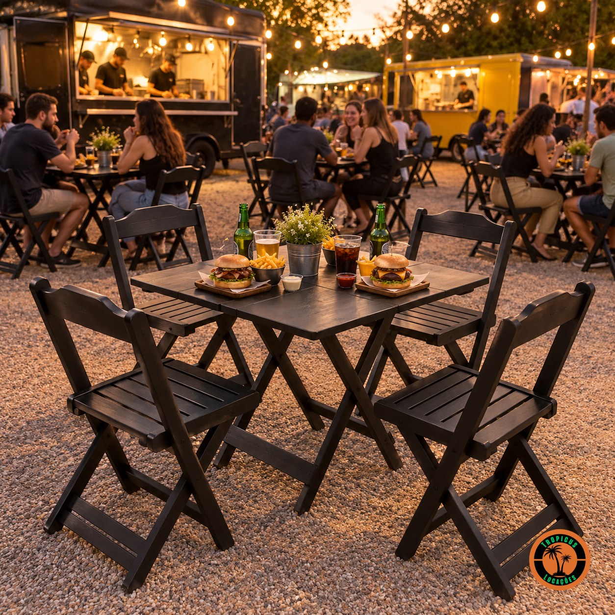 Conjuntos de mesa e cadeiras de madeira pretas numa feira de food trucks ao entardecer