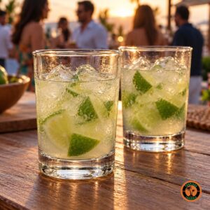 Dois Copos Drink com caipirinha de limão e gelo num balcão de madeira ao entardecer