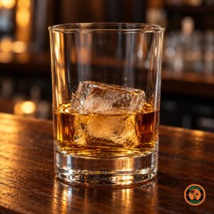 Copo Drink com whisky e uma pedra de gelo num balcão de madeira escura