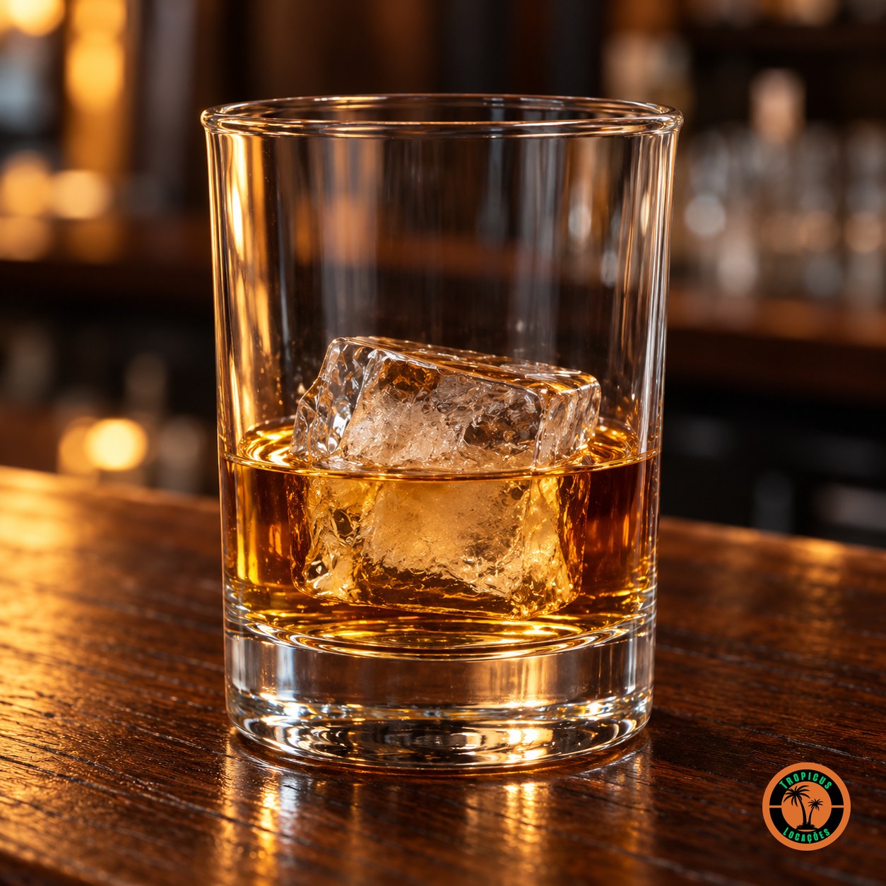Copo Drink com whisky e uma pedra de gelo num balcão de madeira escura