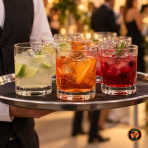 Bandeja de garçom com Copos Drink servidos com drinques curtos e gelo numa recepção
