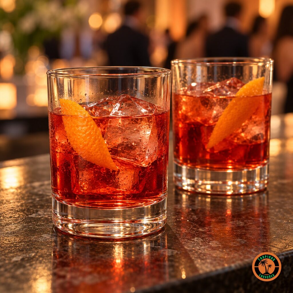 Dois Copos Drink com negroni, gelo e casca de laranja no balcão do evento