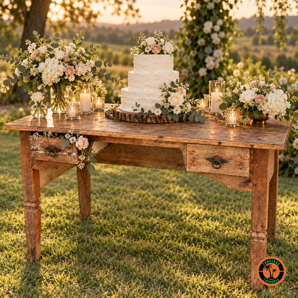 Mesa de Demolição com Duas Gavetas como mesa de bolo num casamento no campo, com bolo branco, flores e velas