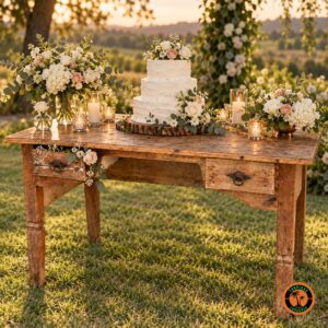 Mesa de Demolição com Duas Gavetas como mesa de bolo num casamento no campo, com bolo branco, flores e velas