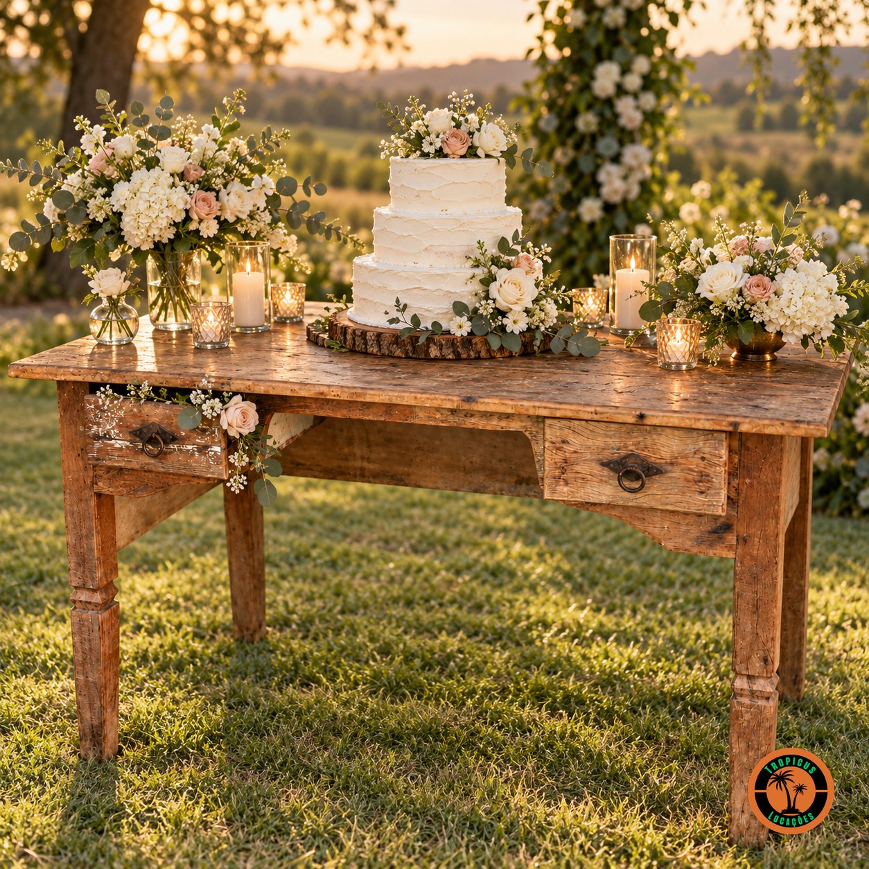 Mesa de Demolição com Duas Gavetas como mesa de bolo num casamento no campo, com bolo branco, flores e velas