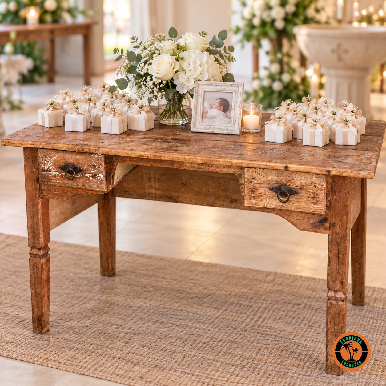 Mesa de Demolição com Duas Gavetas com lembrancinhas, porta-retratos e flores brancas num batizado