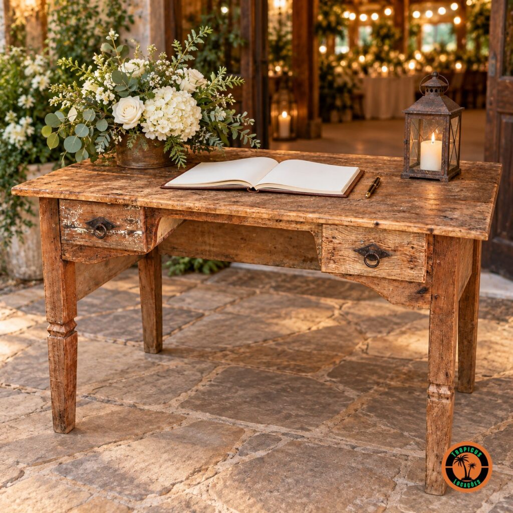 Mesa de Demolição com Duas Gavetas na entrada de um casamento, com livro de assinaturas, flores e lanterna